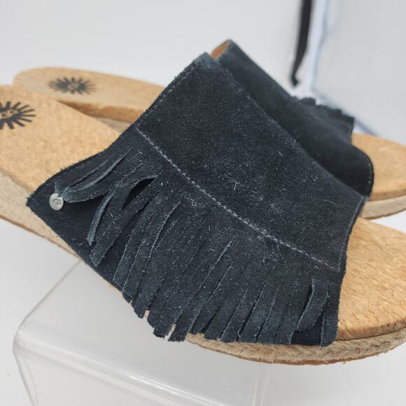 Ugg Sandals 8 Black Suede Leather Fringe Boho Peep Toe Wedges Mules Espadrille - Picture 7 of 14